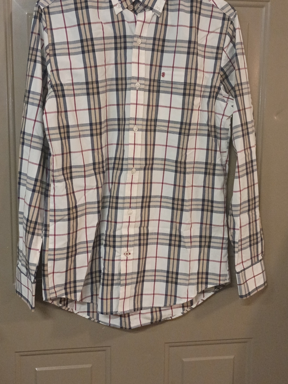 Izod White Plaid Dress Shirt with Navy and Tan Stripes